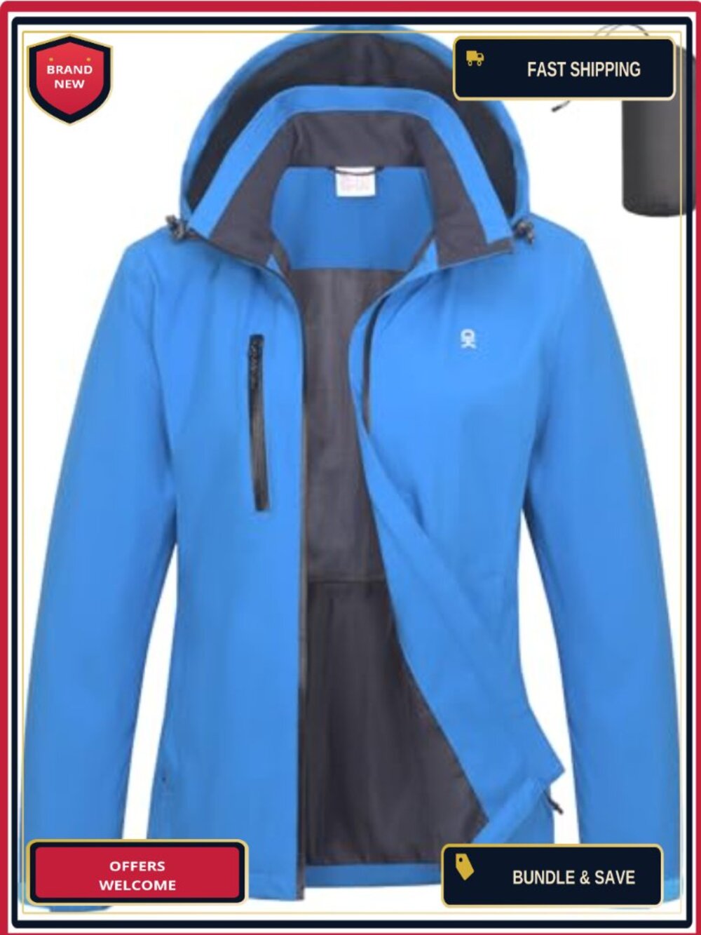 Waterproof Packable Hooded Rain Jacket with Pockets